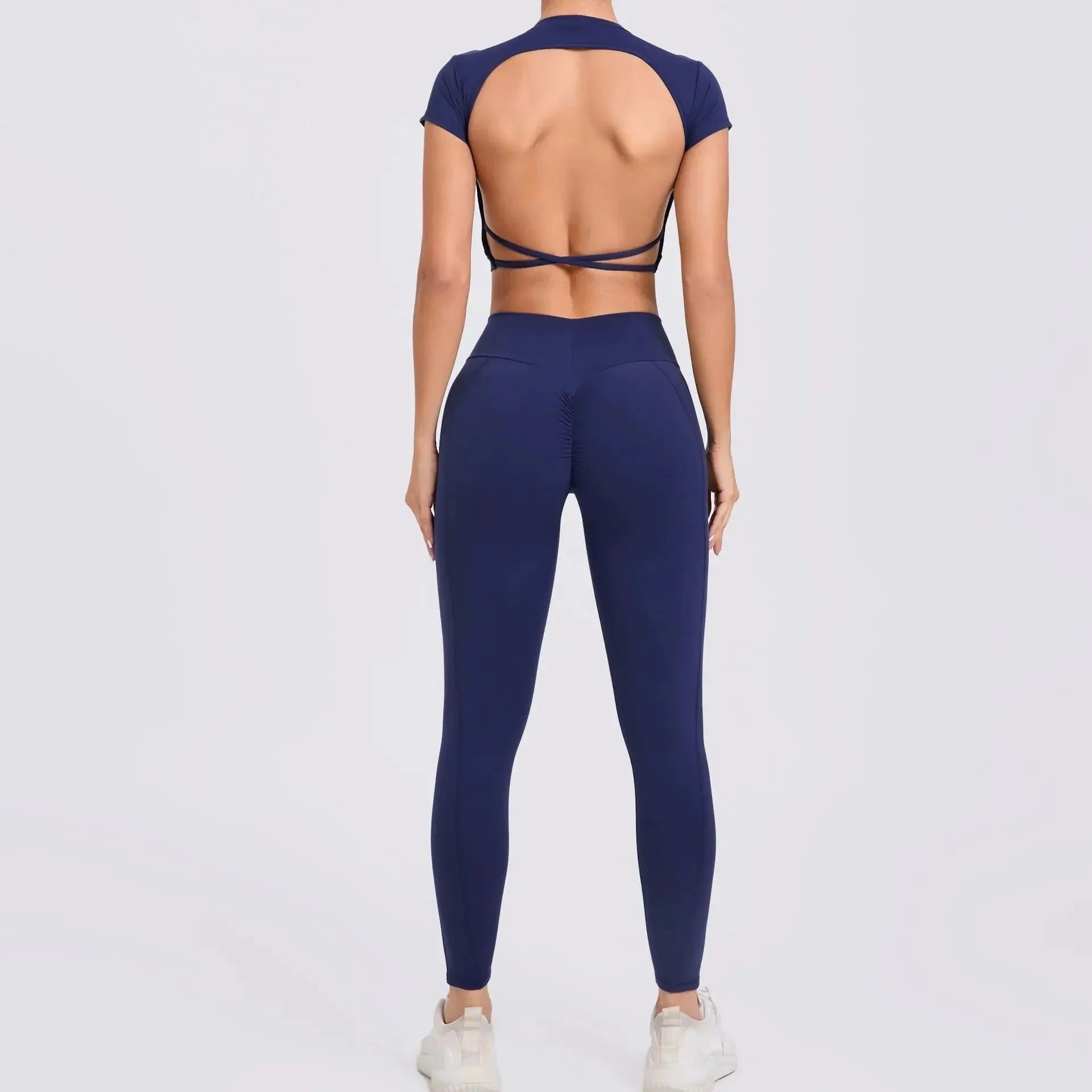Cross Backless Sporty Set Women 2 Piece Sportswear Short Sleeve Training Suit for Fitness Yoga Wear Female Gym Workout Clothes-6