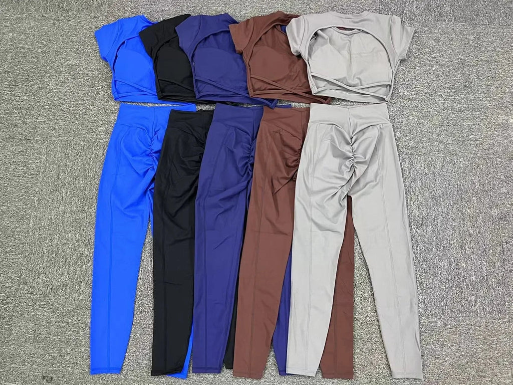 Cross Backless Sporty Set Women 2 Piece Sportswear Short Sleeve Training Suit for Fitness Yoga Wear Female Gym Workout Clothes-4