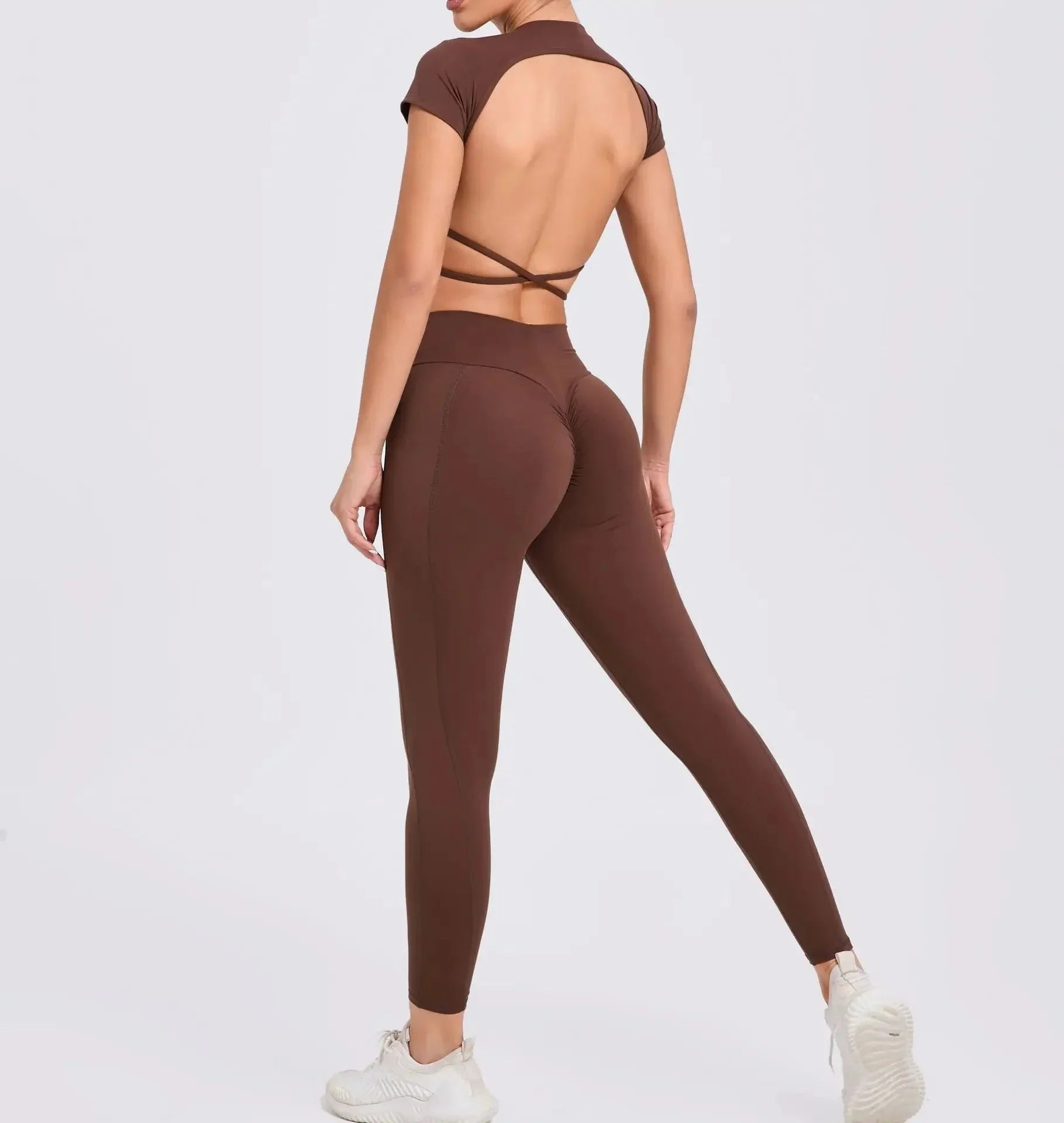 Cross Backless Sporty Set Women 2 Piece Sportswear Short Sleeve Training Suit for Fitness Yoga Wear Female Gym Workout Clothes-3